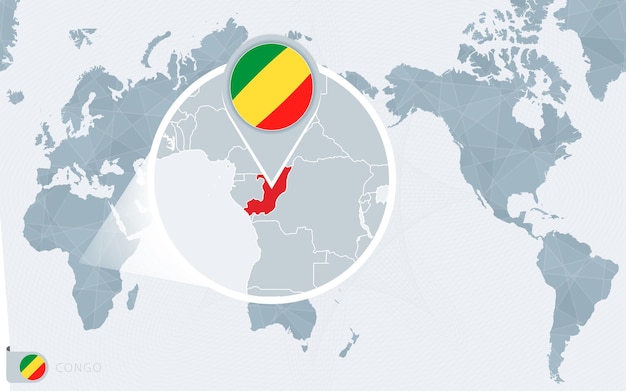 Mapa świata Wyśrodkowanego Na Pacyfiku Z Powiększonym Kongo. Flaga I Mapa Konga.