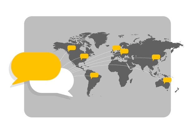 Plik wektorowy mapa świata z dymkami wiadomości pokazująca wzajemne powiązania i globalną komunikację.