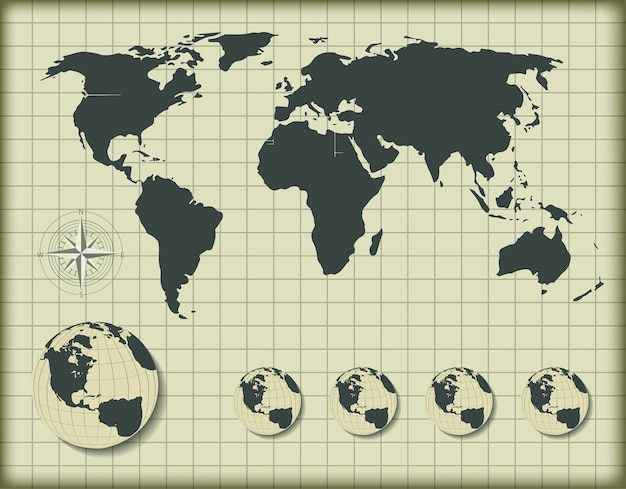 Mapa świata Z Globusami Ziemi Edytowalna Ilustracja Wektorowa