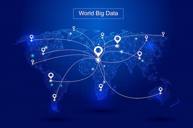 Mapa świata Z Linią Kropkową Pozycjonowanie Gps Na świecie Duże Tło Technologii Danych