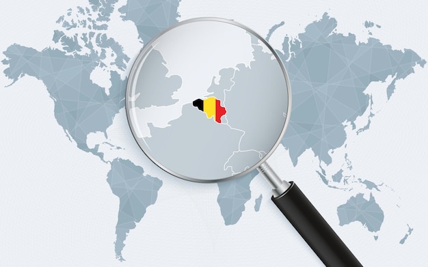 Mapa świata Z Lupą Wskazującą Na Belgię Mapa Belgii Z Flagą W Pętli