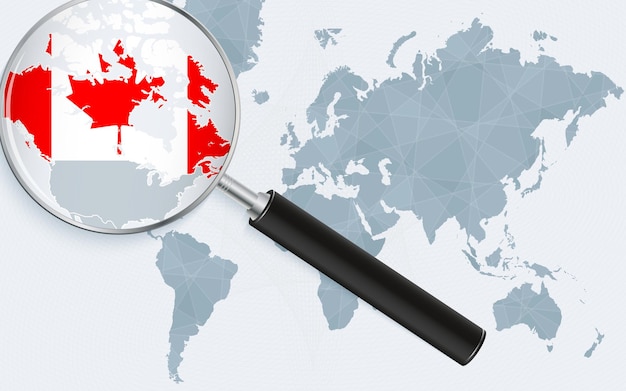 Mapa świata Z Lupą Wskazującą Na Kanadę Mapa Kanady Z Flagą W Pętli