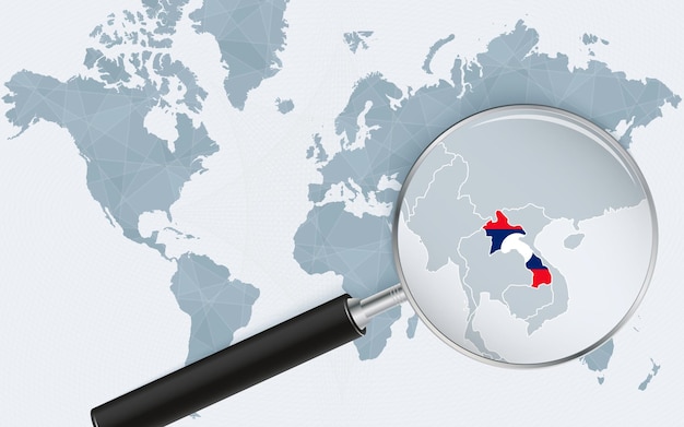 Mapa świata Z Lupą Wskazującą Na Laos Mapa Laosu Z Flagą W Pętli