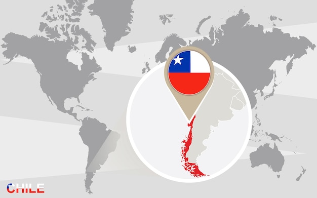 Plik wektorowy mapa świata z powiększonym chile. flaga chile i mapa.