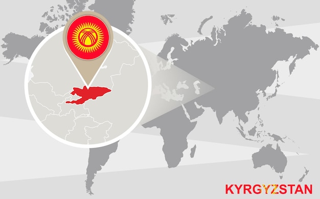 Mapa świata Z Powiększonym Kirgistanem. Flaga Kirgistanu I Mapa.