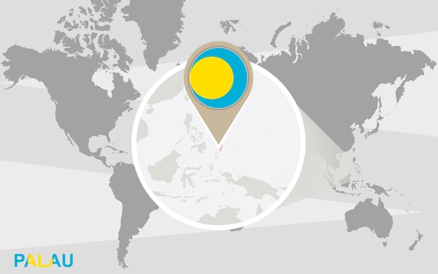 Mapa świata Z Powiększonym Palau. Flaga I Mapa Palau.