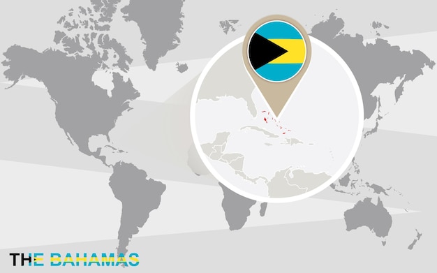 Mapa świata Z Powiększonymi Bahamami. Flaga I Mapa Bahamów.