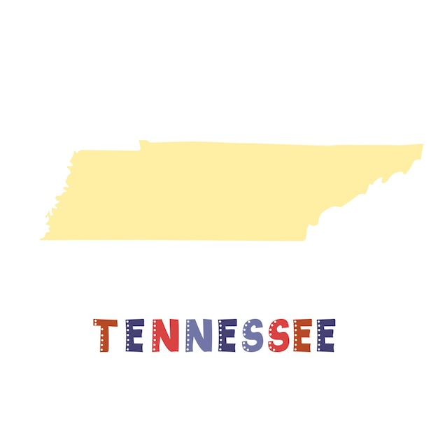 Mapa Tennessee na białym tle. Kolekcja USA. Mapa Tennessee - żółta sylwetka. Napis w stylu Doodling na białym