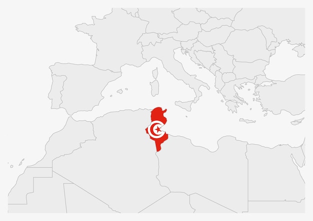 Plik wektorowy mapa tunezji wyróżniona kolorami flagi tunezji, szara mapa z krajami sąsiednimi