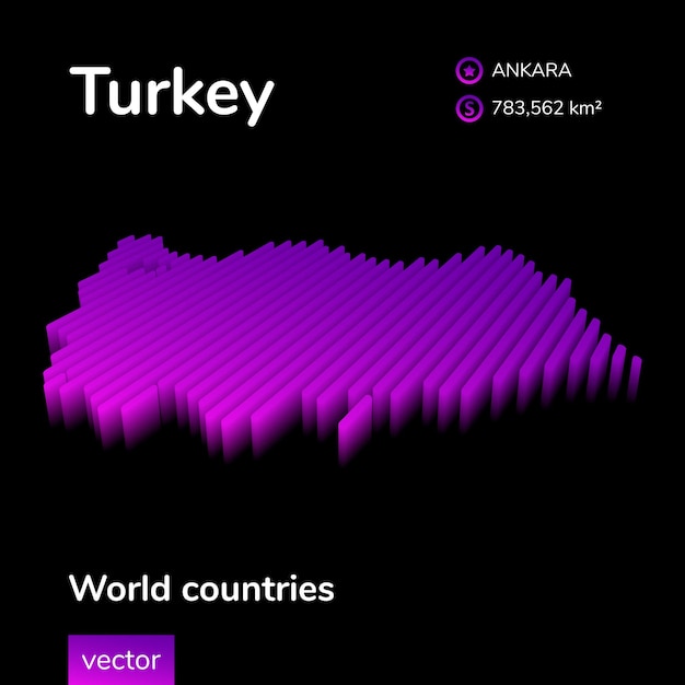 Mapa Turcji 3D Stylizowany neon prosty cyfrowy izometryczny wektor w paski Mapa Turcji jest w fioletowych kolorach na czarnym tle