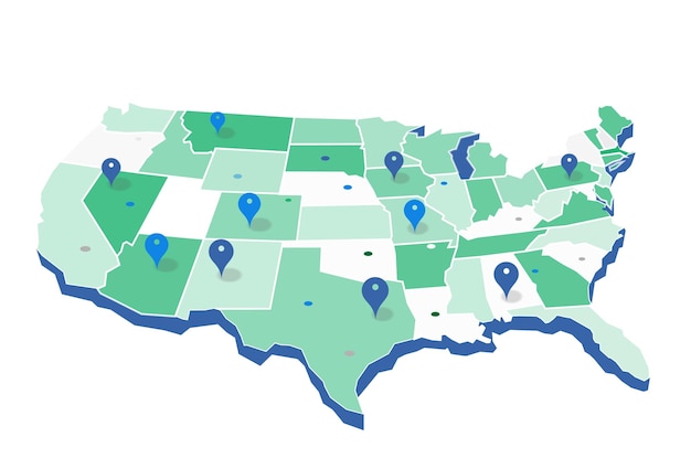 Plik wektorowy mapa usa z pinami gps