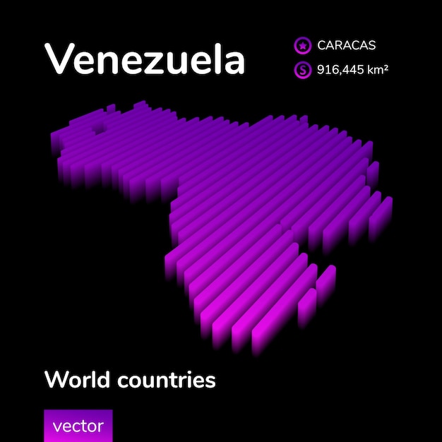 Mapa Wenezueli 3d Stylizowana Neonowa Prosta Cyfrowa Izometryczna Mapa Wektorowa W Paski Jest W Fioletowych Kolorach Na Czarnym Tle