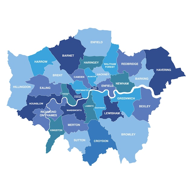 Plik wektorowy mapa wielkiego londynu pokazująca wszystkie dzielnice