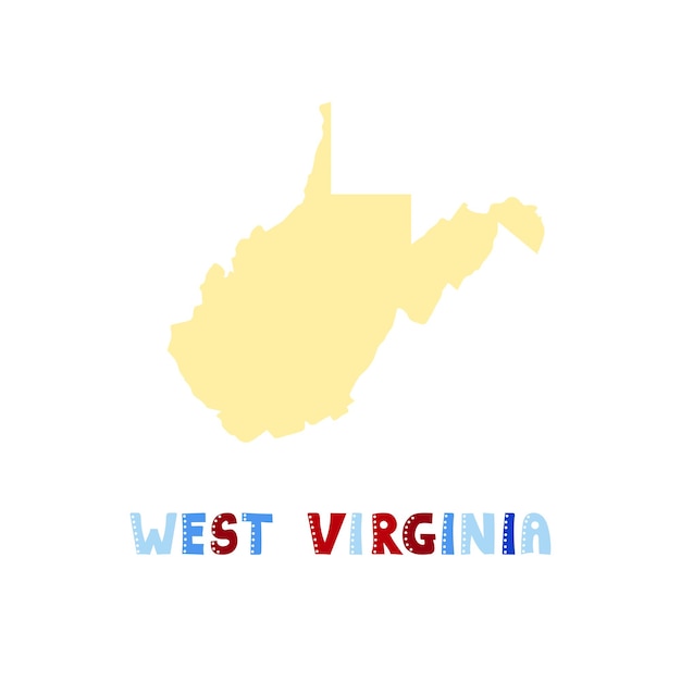 Mapa Wirginii Zachodniej na białym tle. Kolekcja USA. Mapa Wirginii Zachodniej - żółta sylwetka. Napis w stylu Doodling na białym
