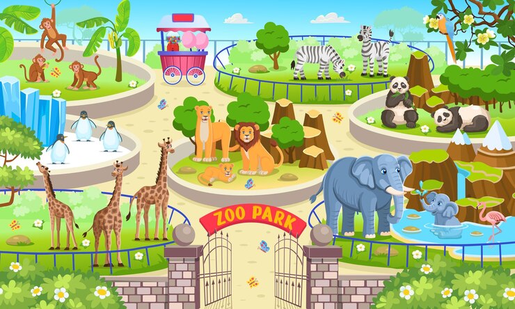 Mapa zoo z wybiegami ze zwierzętami Wejście do parku na zewnątrz z zielonymi krzewami Pandy Żyrafy