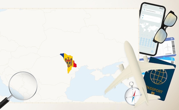 Mapę Mołdawii i samolot towarowy pod banderą na szczegółowej mapie Mołdowy z banderą