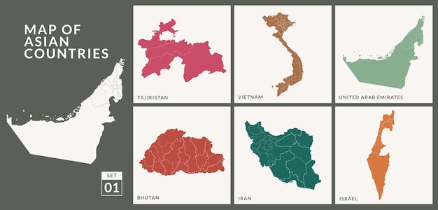 Mapy Krajów Azjatyckich, Tadżykistanu, Wietnamu, Zjednoczonych Emiratów Arabskich, Bhutanu, Iranu I Izraela,