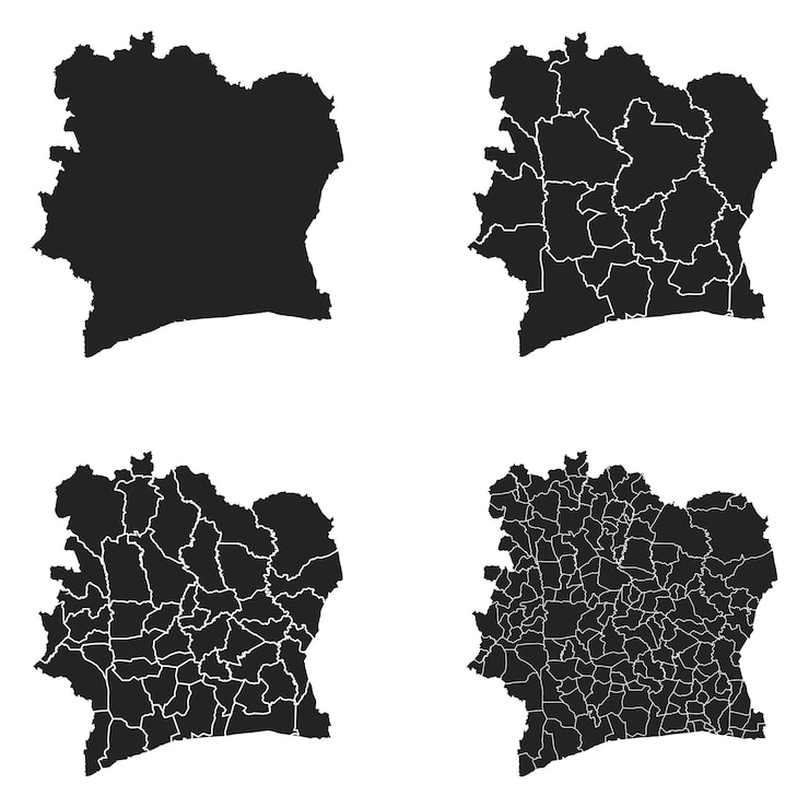 Wektor mapy wektorowe wybrzeża kości słoniowej z regionami administracyjnymi gminami departamentami granicami