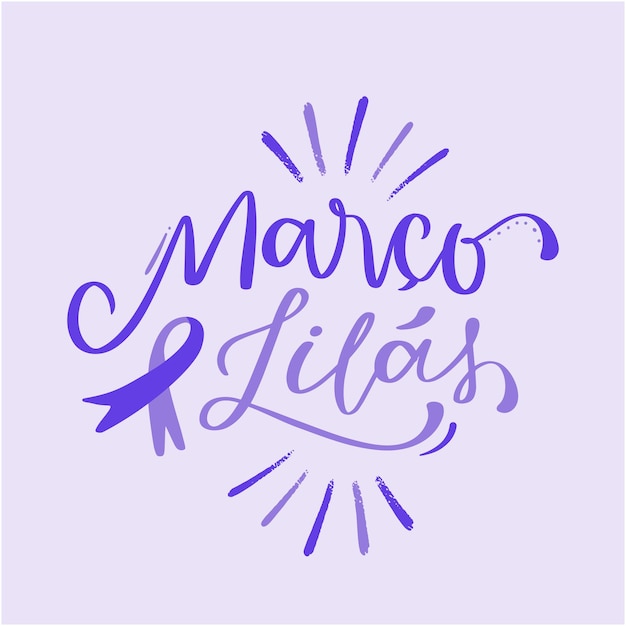 Março Lilas. Marsz Liliowy Po Portugalsku Brazylijskim. Nowoczesne Pismo Odręczne. Wektor.