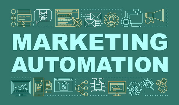 Plik wektorowy marketing automatyzacji słowo pojęć transparent. taktyka marketingu cyfrowego. platforma oprogramowania. prezentacja, strona internetowa. pomysł na białym tle napis typografia z liniowymi ikonami. ilustracja wektorowa zarysu