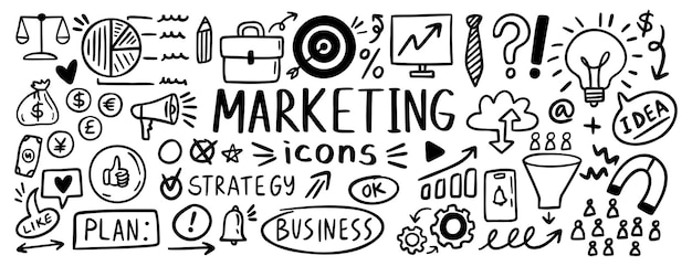 Marketing biznes doodle ręcznie narysowana ikona zestaw rysunek zarys marketing linia biznesowa klipart symbol