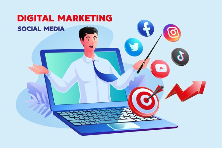 Wektor marketing cyfrowy w mediach społecznościowych z mężczyzną i symbolem laptopa