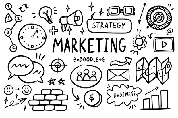 Marketing doodle wektor zestaw Prosty szkic zarys ikony planowania biura Rysowanie sylwetki elementu
