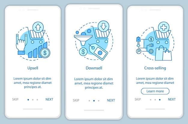 Marketingowy szablon wektora ekranu strony aplikacji mobilnej. Sprzedaż produktów i towarów. Upsell, downsell, cross-selling. Instrukcje dotyczące technik sprzedaży w witrynie internetowej. Interfejs smartfona UX, UI, GUI