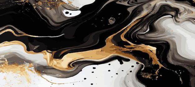 Marmur panoramiczny tekstura czarne złoto kolorowe marmurowe powierzchnie zakrzywione linie jasny abstrakcyjny wzór tła Vector