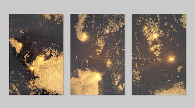 Marmurowy zestaw szaroniebieskich i złotych abstrakcyjnych tła z brokatem w technice atramentu alkoholowego