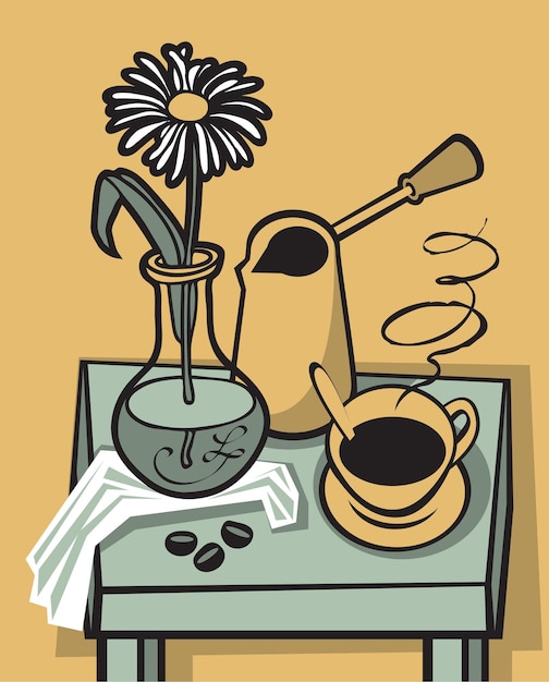 Martwa Natura Z Filiżanką Kawy I Kwiatem Na Stole