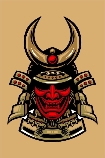 Maska samuraja z czerwoną twarzą i czerwonym hełmem.