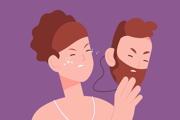 Maska transseksualistów Tożsamość płci trans nowoczesnych transseksualnych mężczyzn lub kobiet genderqueer problem społeczny podwójna twarz osoby transseksualnej średni seks wektor ilustracja