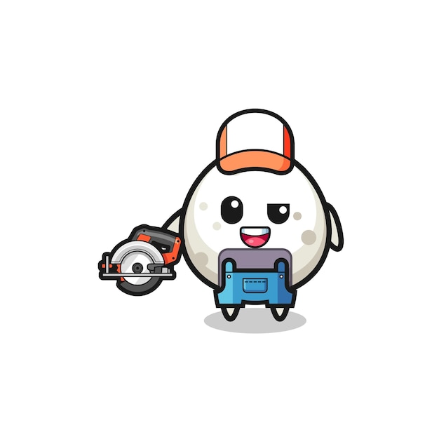 Maskotka onigiri stolarz trzyma ładny wzór piły tarczowej