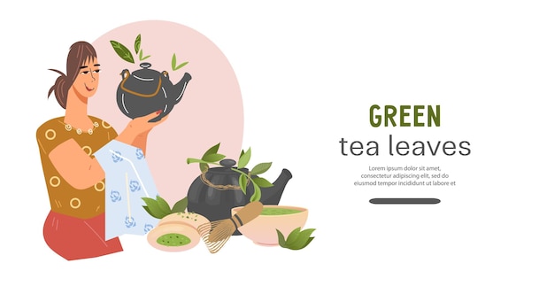 Matcha i napoje z zielonej herbaty reklamowe web banner lub plakat projekt dla herbaciarni i sklepu płaska ilustracja wektorowa niestandardowy projekt banera dla menu herbaty i sprzedaży
