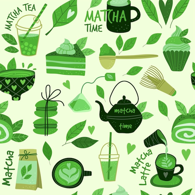 Matcha wzór Azjatyckie napoje produkty lepkie odznaki ostatni wektor bezszwone tło