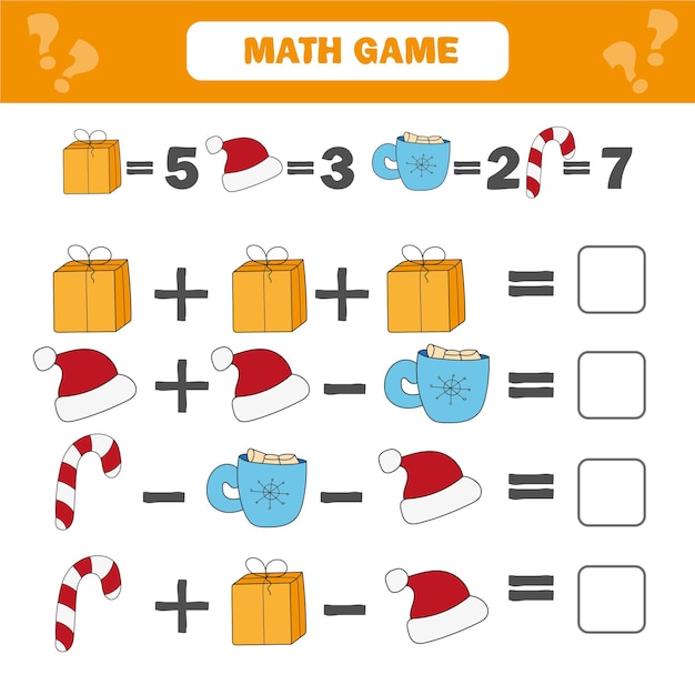 Matematyka Gra Edukacyjna Dla Dzieci. Arkusz Matematycznych Równań Liczenia Dla Dzieci. Motyw świąteczny, Ferie Zimowe