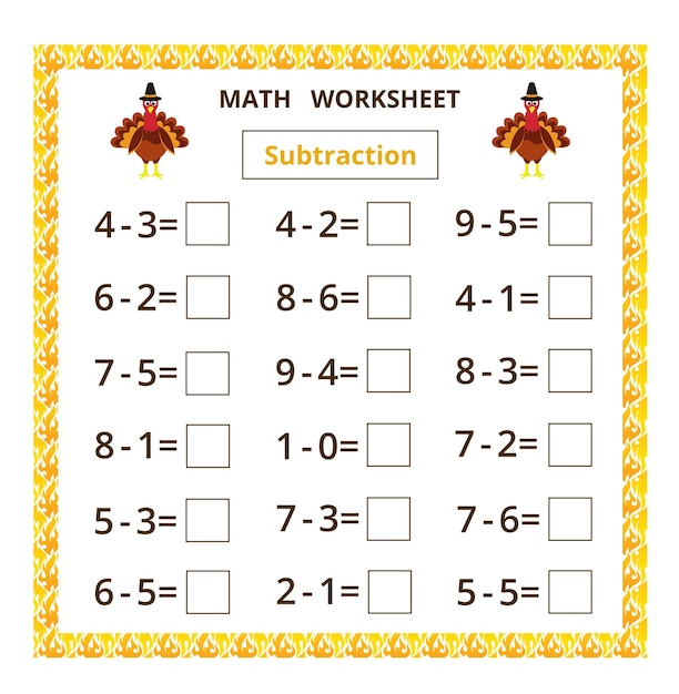 Plik wektorowy matematyka odejmowaniekarta edukacyjna z kreskówkowym indykiem dla dzieci