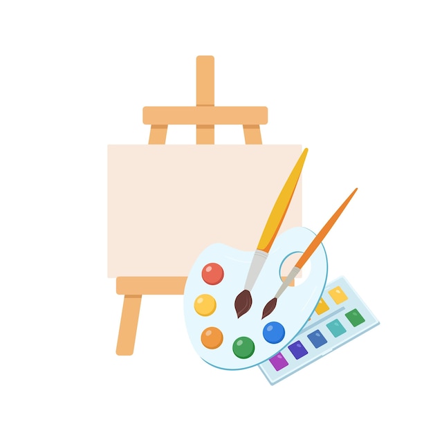 Plik wektorowy materiały artystyczne farby pędzle paleta akwarelowa sztaluga kreskówka płaskie ilustracje wektorowe narzędzia do malowania przedmioty