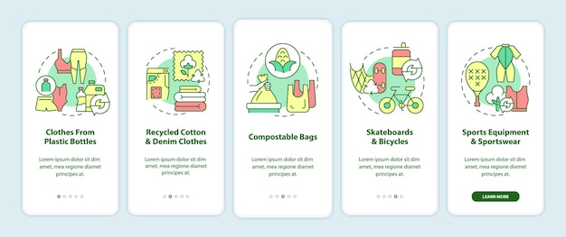 Materiały z recyklingu na stronie aplikacji mobilnej. Recykling odpadów instruktaż 5 kroków instrukcje graficzne z koncepcjami. Szablon wektorowy UI, UX, GUI z liniowymi kolorowymi ilustracjami