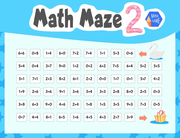 Math Maze To Mini Gra Dla Dzieci. Styl Kreskówki. Ilustracja Wektorowa.