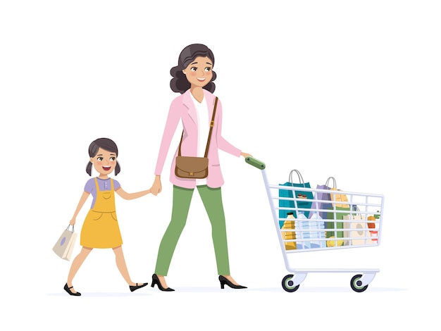 Plik wektorowy matka i córka na zakupach z pełnym wózkiem spożywczym