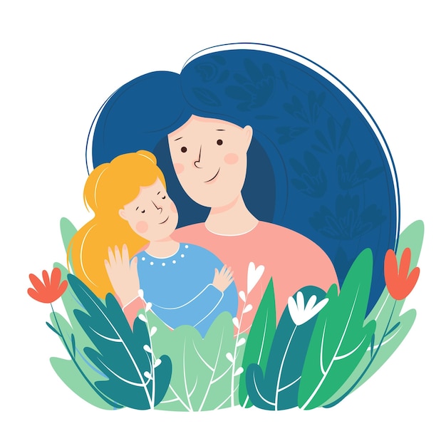 Matka I Córka Przytulają Kartkę Na Dzień Matki O Miłości I Trosce Matki Płaska Ilustracja