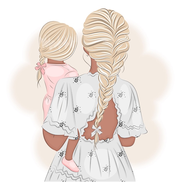 Plik wektorowy matka i córka w ramionach w pięknej sukience z nadrukiem ilustracji wektorowych włosów