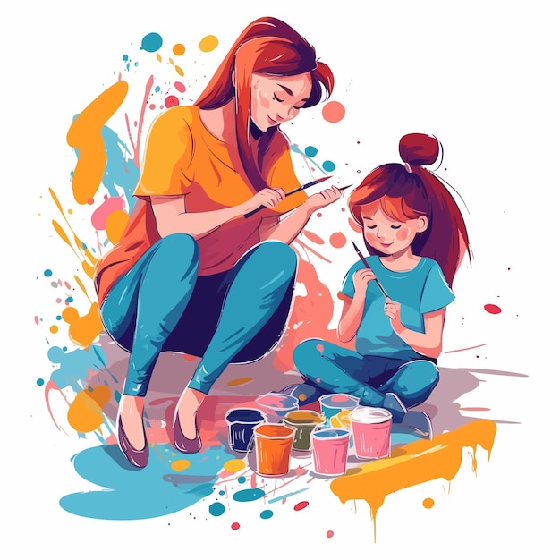 Plik wektorowy matka i dziecko malują lub rysują razem akwarela białe tło
