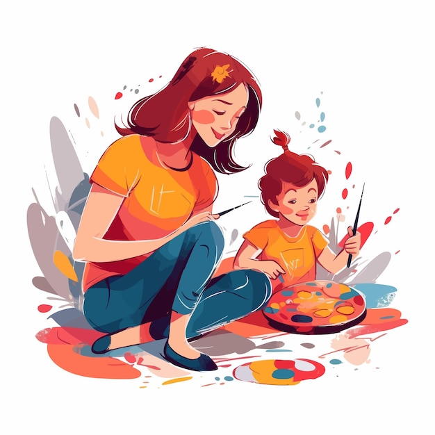 Plik wektorowy matka i dziecko malują lub rysują razem akwarela białe tło