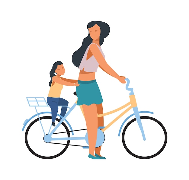 Matka i dziecko na rowerze Kobieta jedzie na rowerze z córką Miasto zajęć rekreacyjnych kobiece szkolenia w parku Lato poza rodzinne wakacje ecofriendly transportu Ilustracja kreskówka wektor