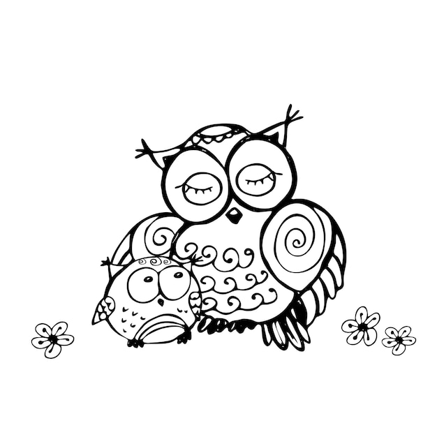 matka sowa i sowa izolowana na białym tle ręcznie rysowana ilustracja wektorowa