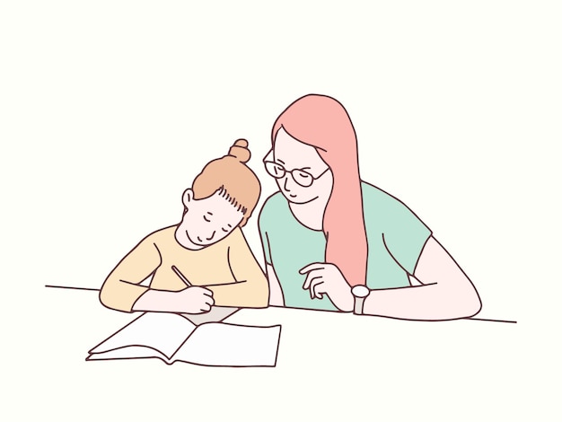 Matka towarzyszy córce studiować prostą ilustrację w stylu koreańskim