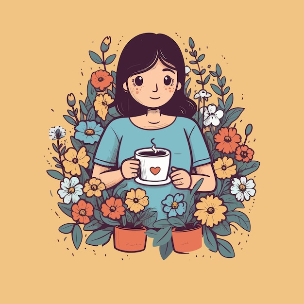 Matka trzyma kubek kawy wśród kwiatów kreskówka płaska ilustracja